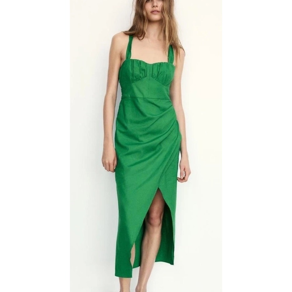 Zara Linen Milkmaid Midi Dress‎  Green Ruched Slit Halter Resort Coastal M NWT